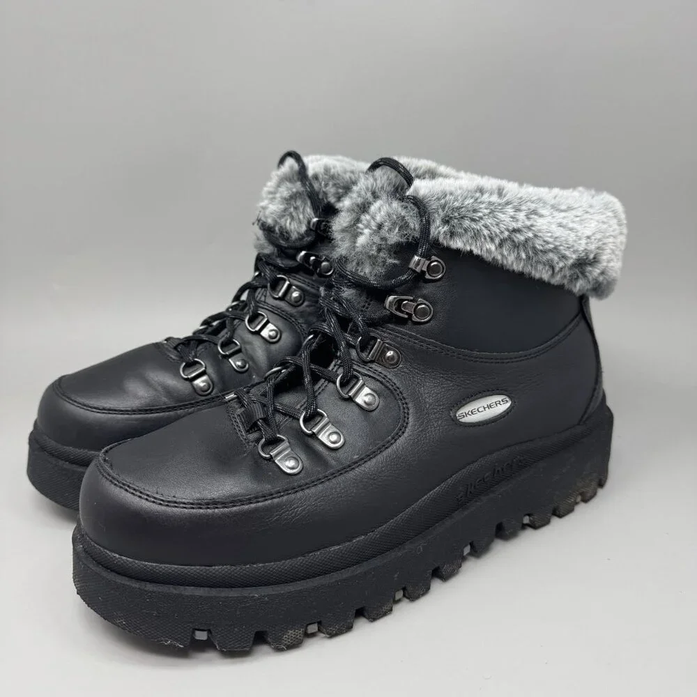 Women's Skechers Shindigs Lookin’ lol Black Winter Boots Size 10 Faux Fur